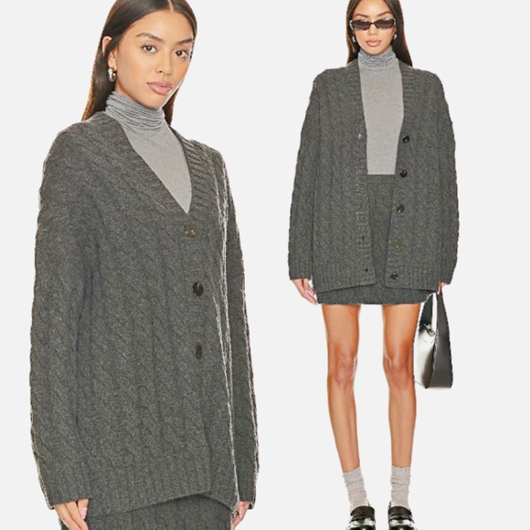 Theory Cable Knit Wool-Cashmere Oversized Cardigan Charcoal Grey - L - Picture 5 of 5